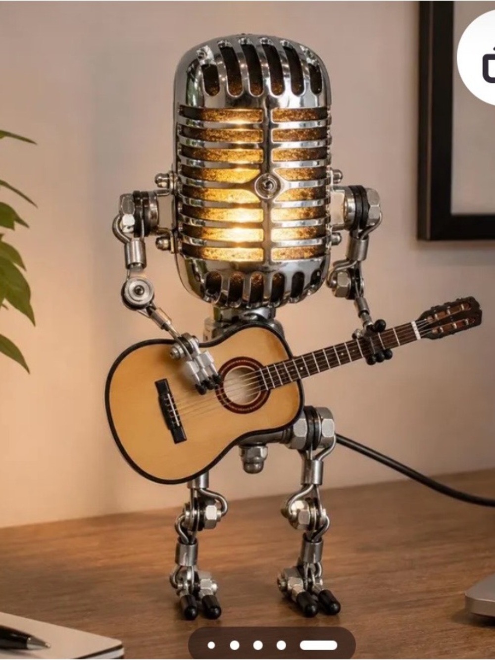 Vintage Microphone Robot Sculpture with Guitar - Silver and Tan